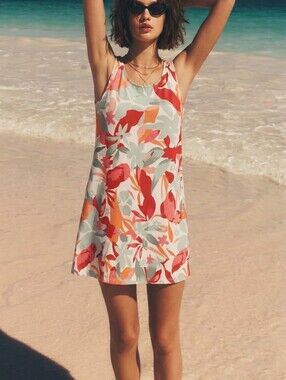 Sleeveless Floral Midi Dress in Coral, Mint & Orange Small